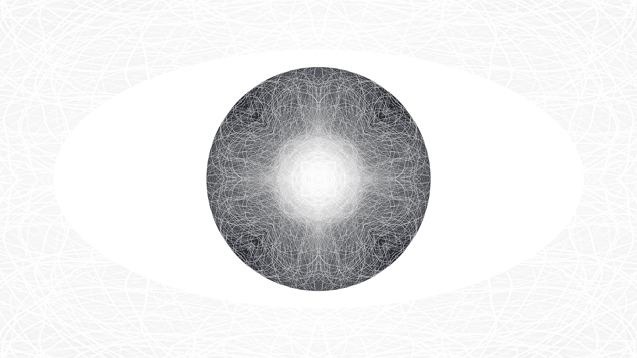 Black, white and grey artwork featuring a light sphere in a white oval against a white and grey patterned background.