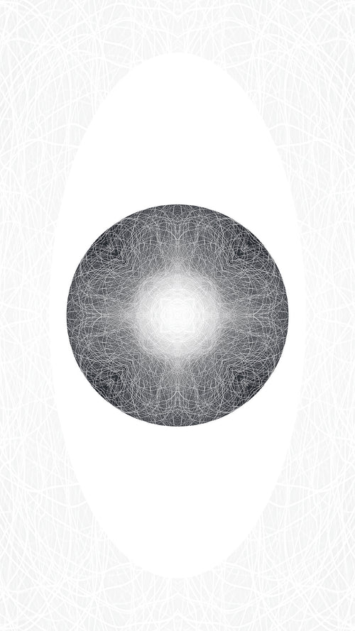 A circular black and white abstract pattern with a bright white center and fine radiating lines, set against a white background with a subtle textured border.