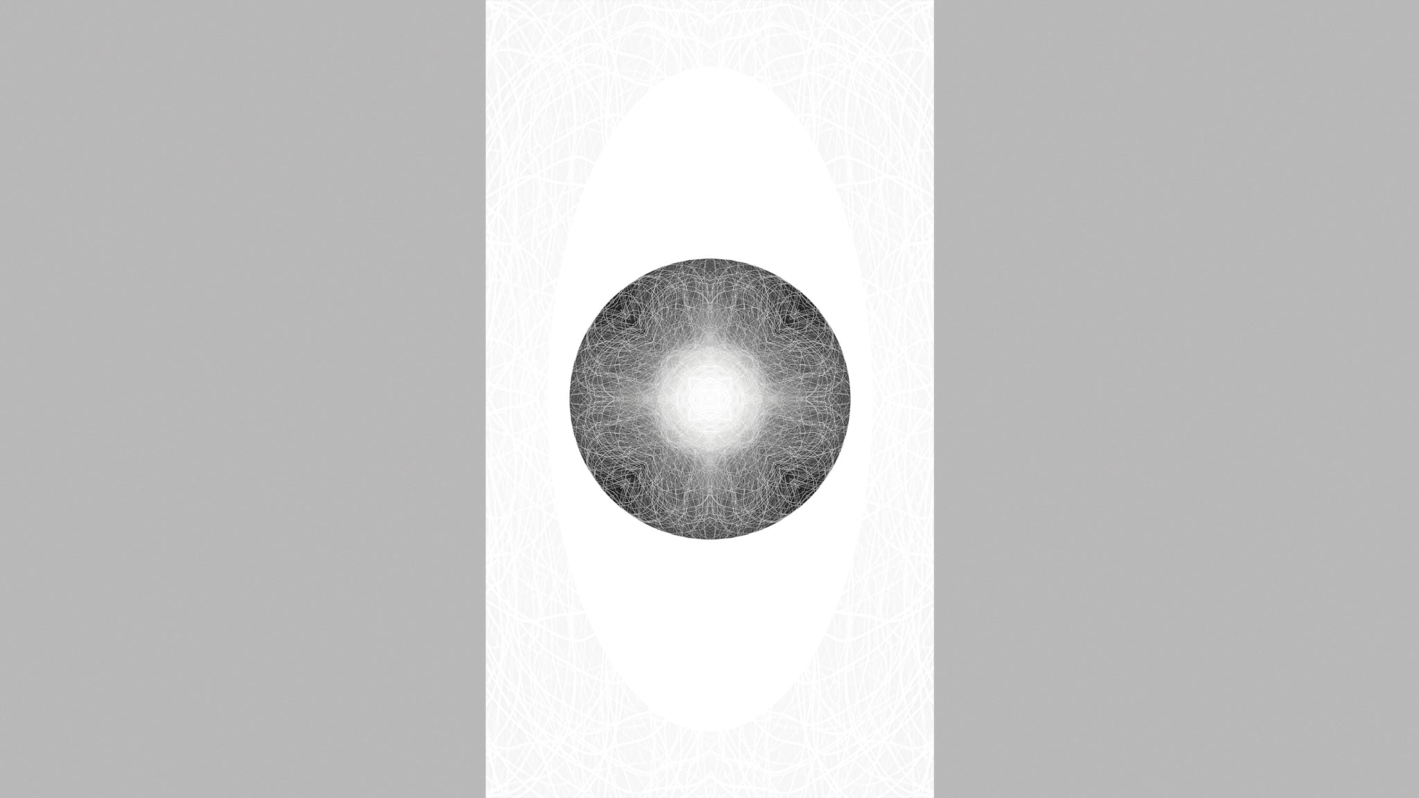 A minimalist graphic vertical rectangular artwork featuring a white oval with a  grey, black and white circular central pattern set against a light grey background permeated with fine white lines.