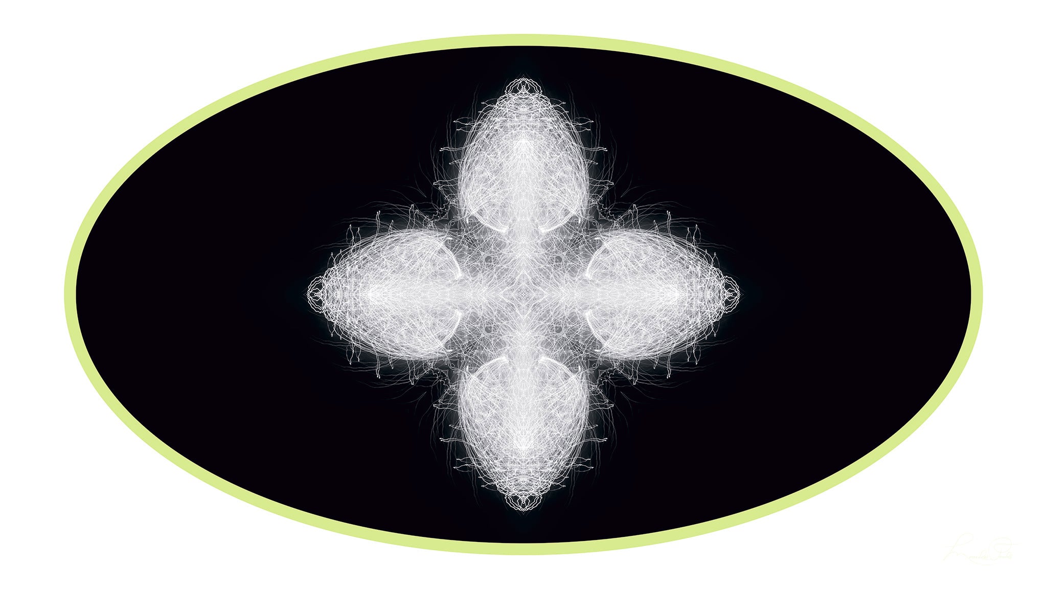Artwork featuring a white abstract star-like pattern in a black oval with green border against a white background.