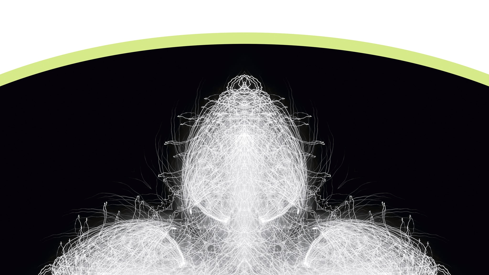 Detail of a design featuring an abstract pattern made of fine white lines centred within a curved black shape with a light green border against a white
background.