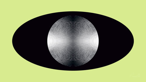 White, black and green artwork featuring a light sphere in a black oval against a green background.