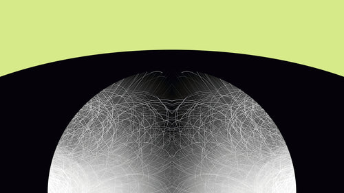 Detail of an abstract graphic design featuring a black curved shape with a symmetrical pattern of fine white lines set against a lime green background.