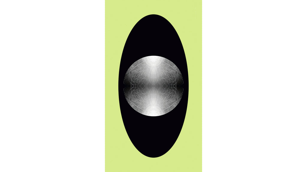 A minimalist graphic design featuring a vertical light green rectangle with a large black oval centered on it, containing a circle with a pattern of fine white lines.