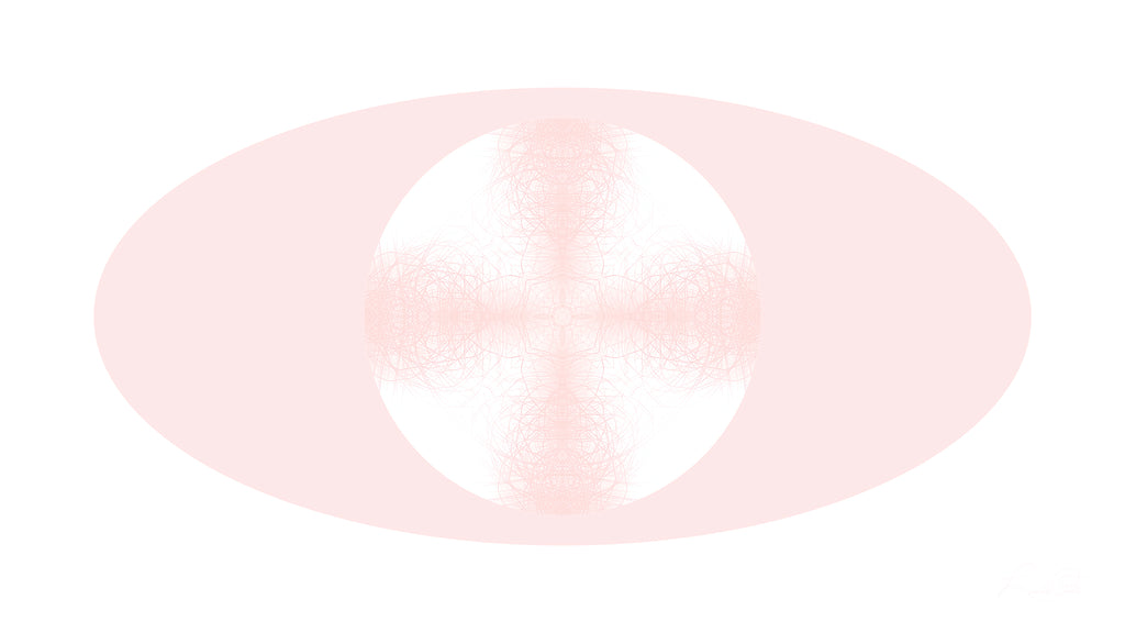 Artwork featuring a pink pattern in a white circle against pink and white backgrounds. 