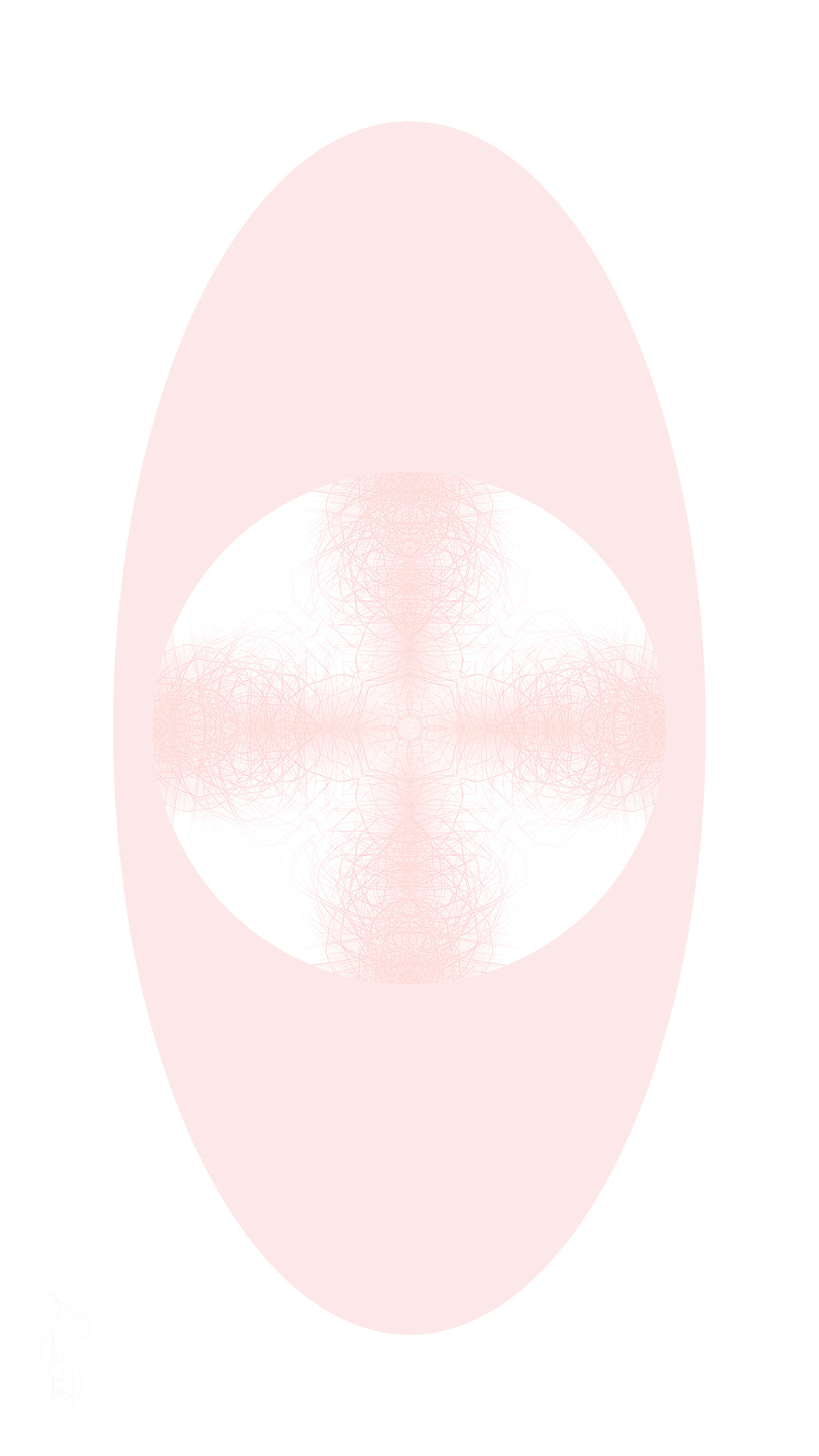 Artwork featuring a pink pattern in a white circle against pink and white backgrounds. 