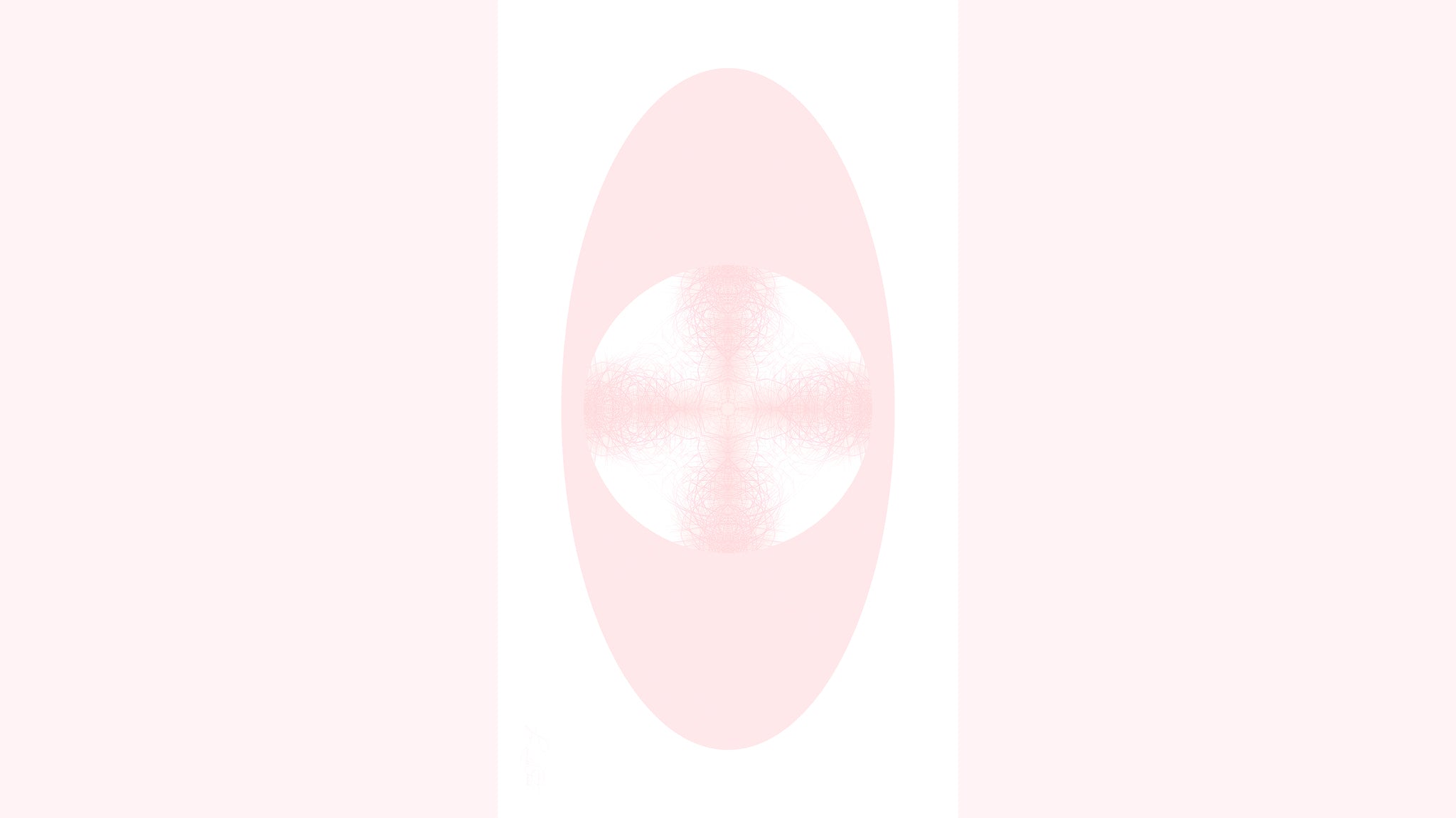 A vertical rectangular artwork featuring a white circle containing a soft pink symmetrical pattern within a pink oval against.a white background.