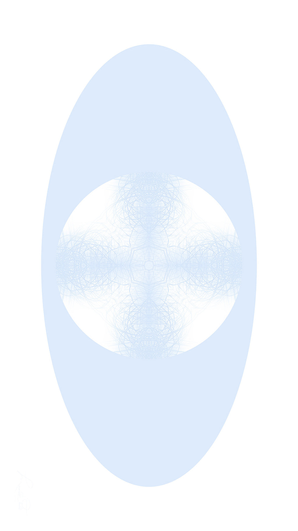 Artwork featuring a blue pattern in a white circle against blue and white backgrounds. 