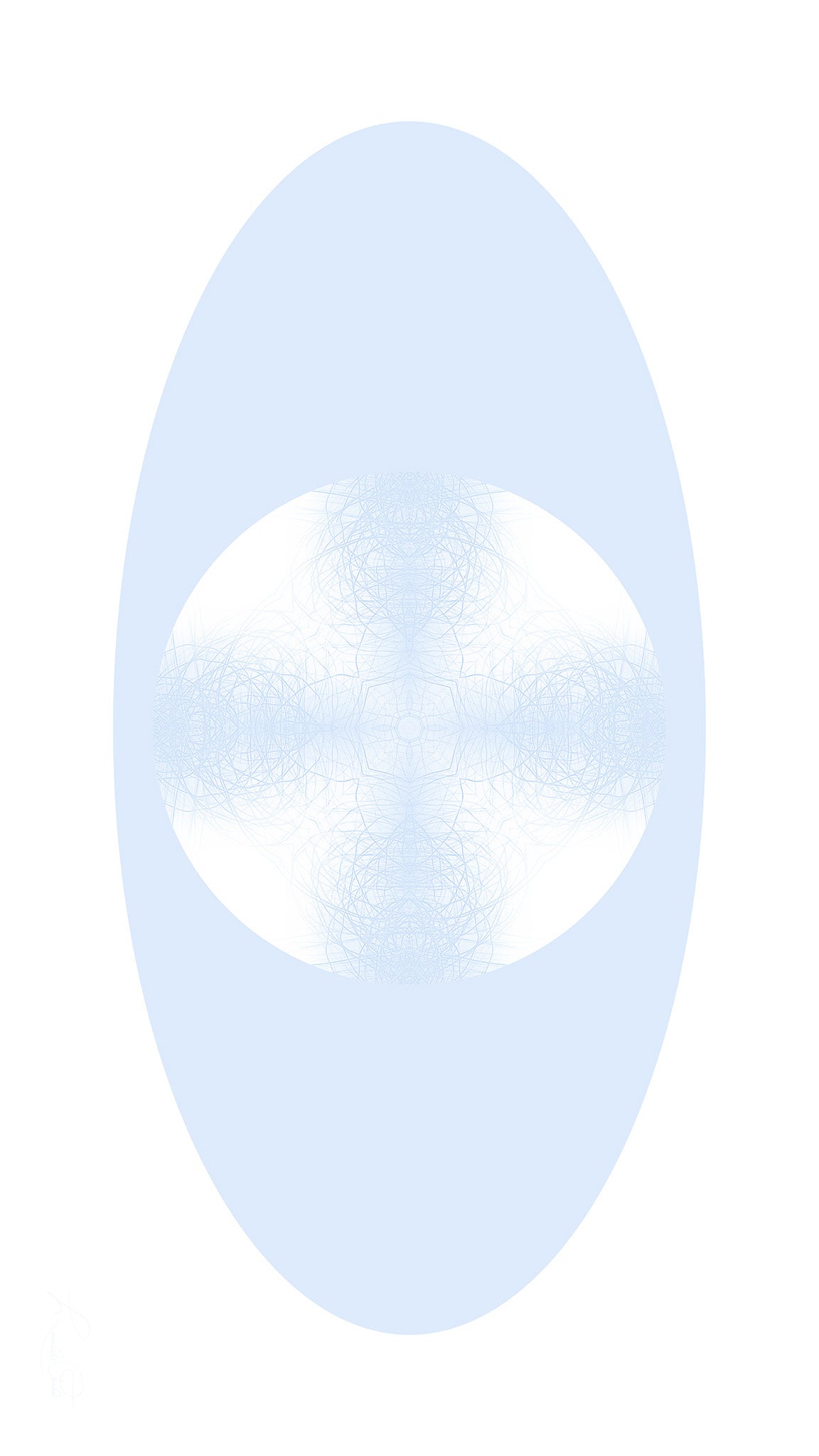 Artwork featuring a blue pattern in a white circle against blue and white backgrounds. 