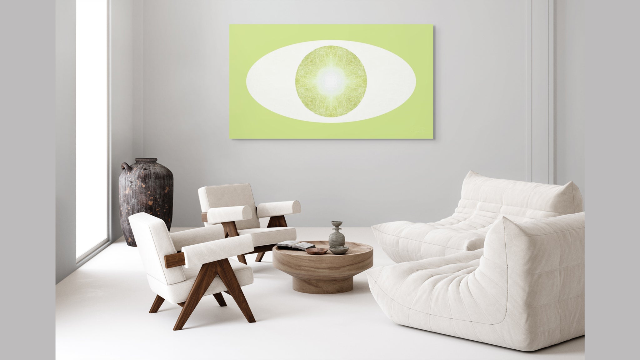 A modern living room scene featuring a light green and white artwork hanging on a white wall above minimalist white chairs and a white sofa.