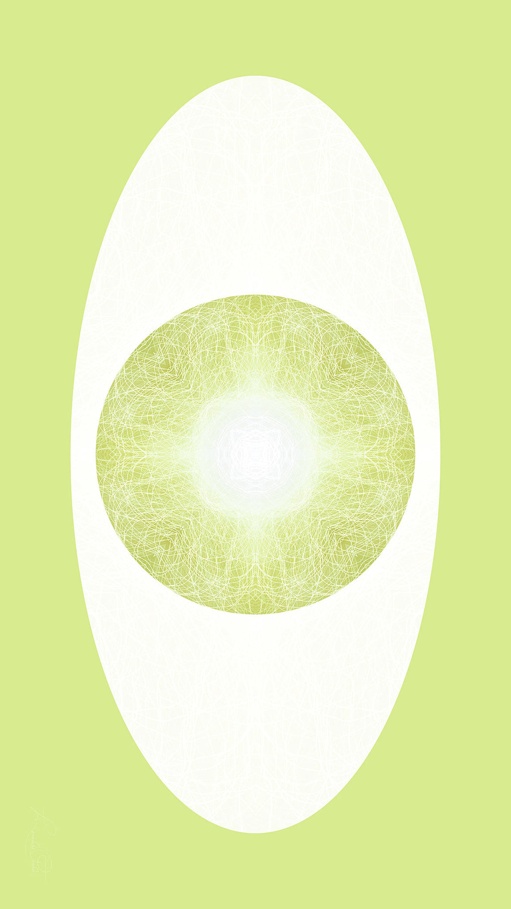 Green and white artwork featuring a light sphere in a white oval against a green background.