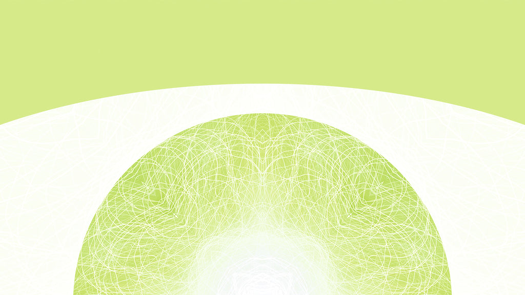 Detail of an abstract graphic design featuring a light green and white curved layout with a circular pattern of fine white lines.