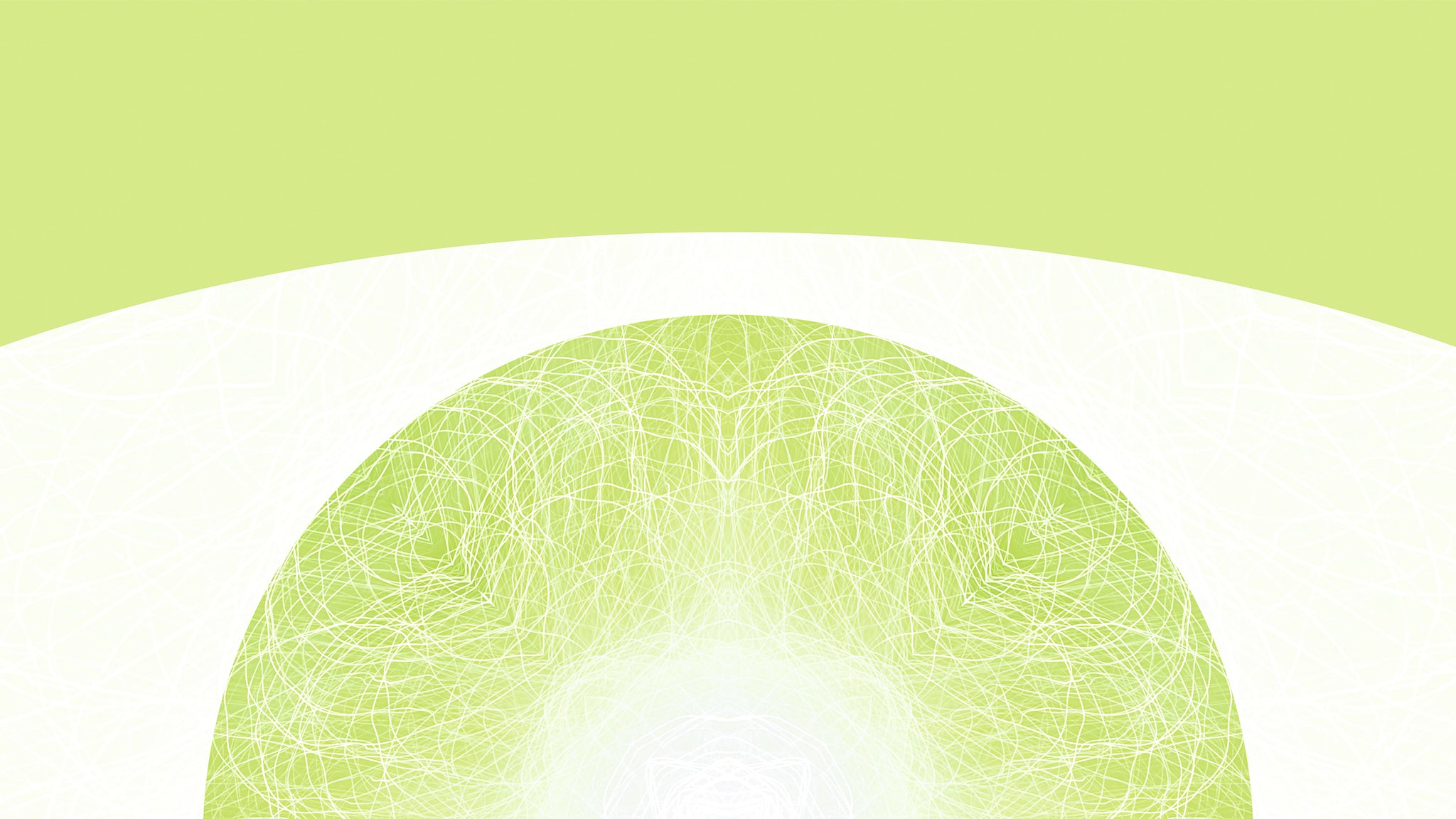 Detail of an abstract graphic design featuring a light green and white curved layout with a circular pattern of fine white lines.