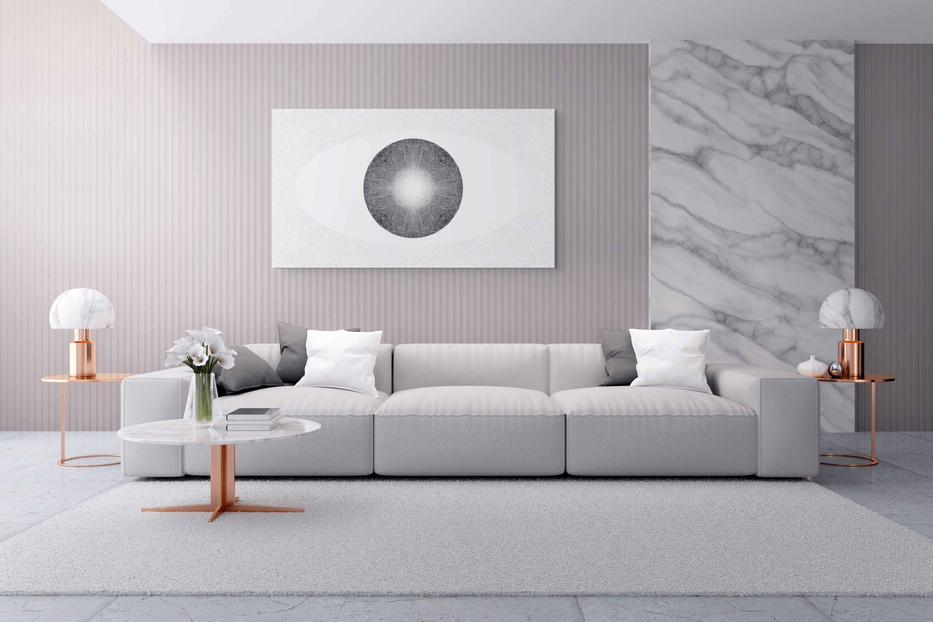 Modern living room with a gray sofa, marble accent wall, minimal decor and a white, black and grey artwork on the wall.