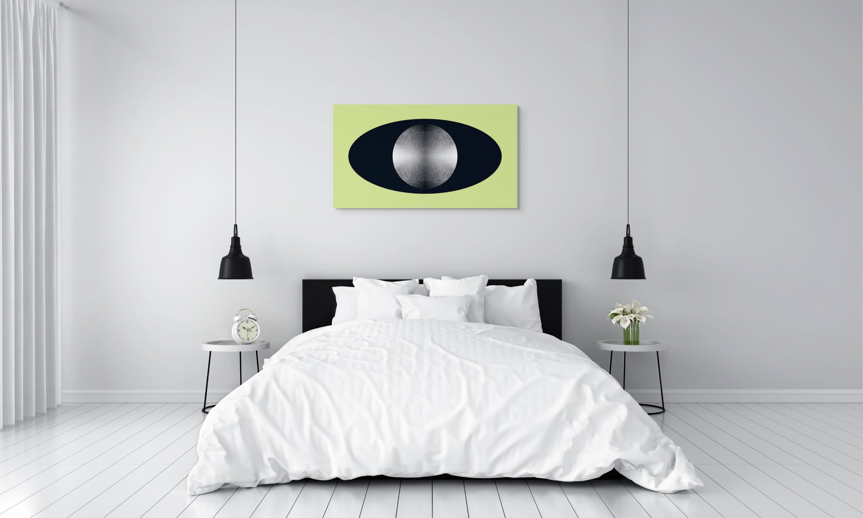 Modern bedroom with white bedding, a black bed frame, and a white, black and green artwork on the wall.